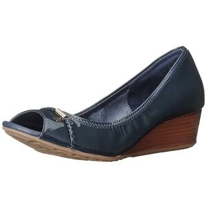 Cole Haan Navy Patent Leather Open Toe Wedge Pumps Shoes